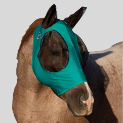 Professional's Choice Comfort Fit Lycra Fliegenmaske für Pferde mit Mesh-Einsätzen an Augen und Ohren in der Farbe Teal ohne Schopfaussparung