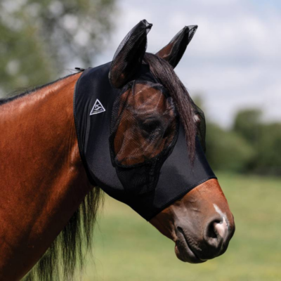 Schwarze Professional's Choice Comfort Fit Lycra Fliegenmaske für Pferde mit Mesh-Einsätzen an Augen und Ohren